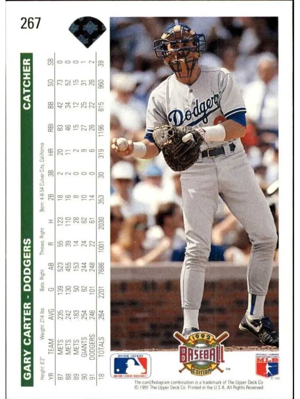 Gary Carter 1992 Upper Deck MLB #267 Baseball Card Los Angeles Dodgers